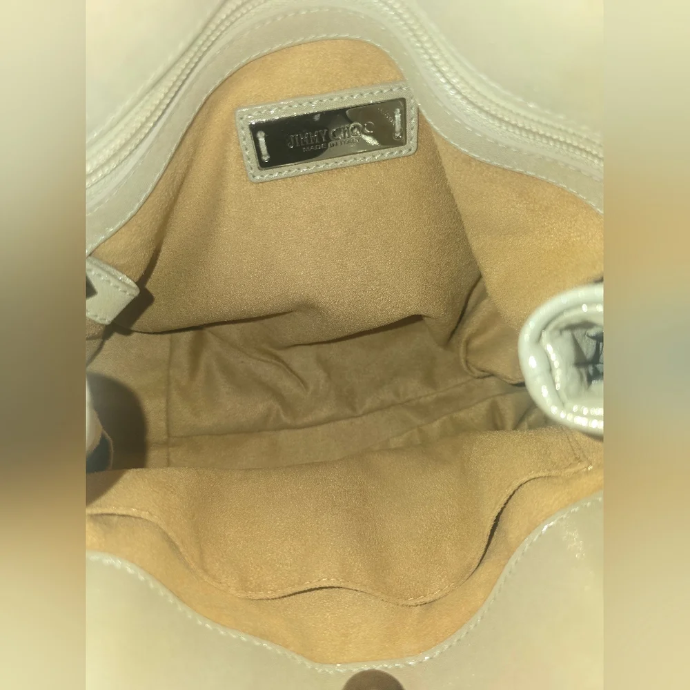 Jimmy Choo Cream Shimmer Star-Studded Nylon W/ Suade Shoulder Bag (EUC)COA CARD✨ - Picture 11 of 14